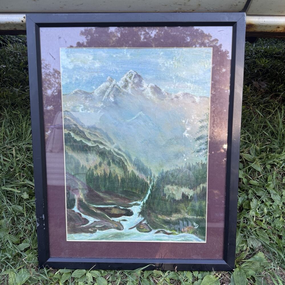 Vintage Signed Original Mountain Landscape Painting Framed Waterfall Michigan